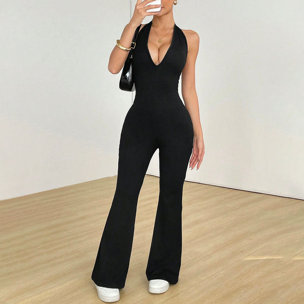 FlexiFemme V-Neck Hollow Back Slim Gym Jumpsuit Women