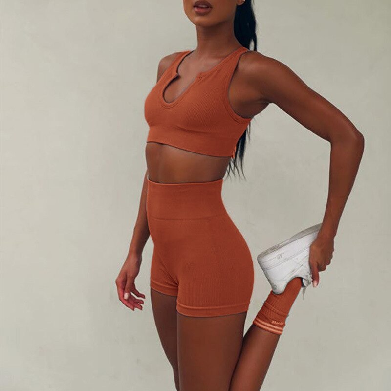 FlexiFemme Seamless Knit Gym Set Women U-Neck 2-Piece