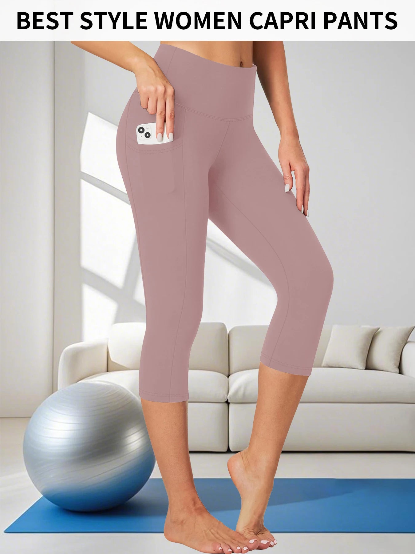 FlexiFemme Tummy-Control Capri Leggings Women Pockets