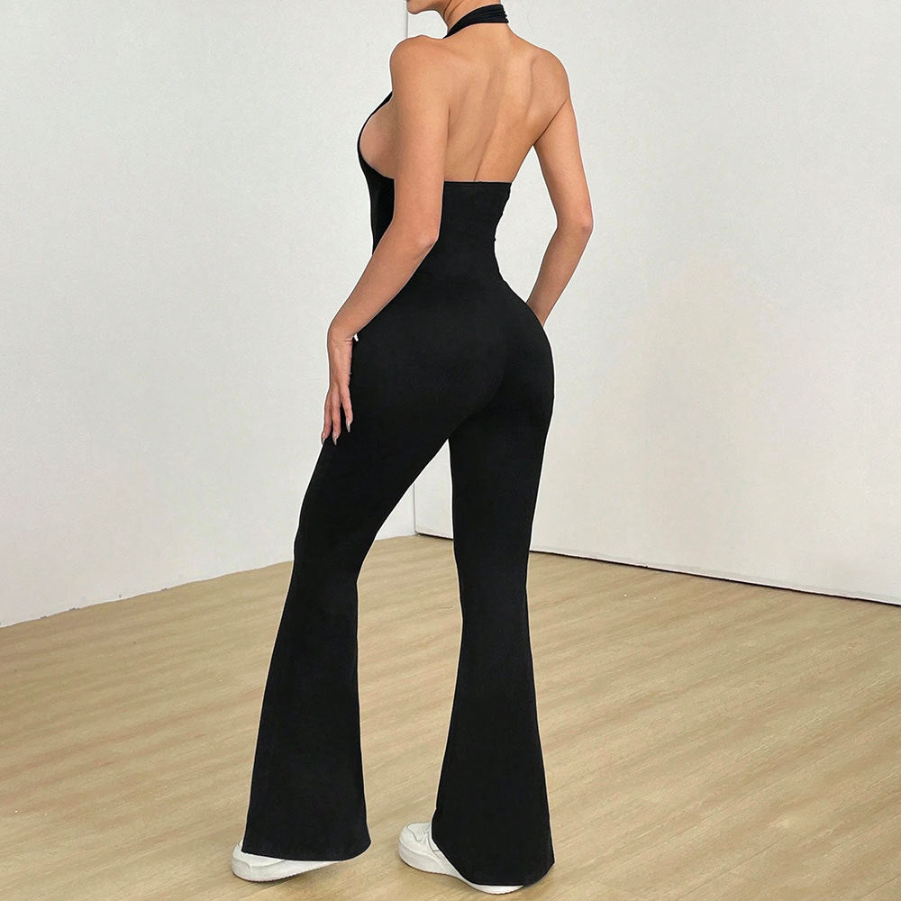FlexiFemme V-Neck Hollow Back Slim Gym Jumpsuit Women
