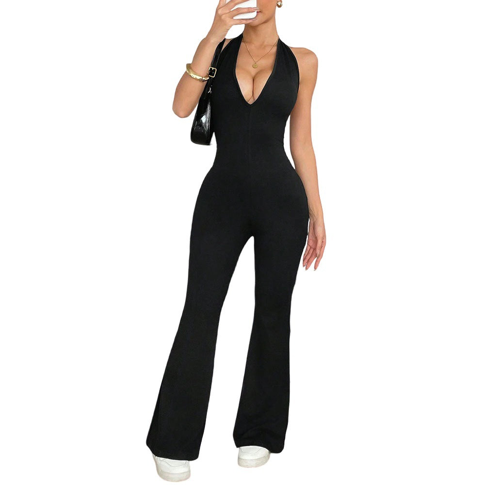 FlexiFemme V-Neck Hollow Back Slim Gym Jumpsuit Women