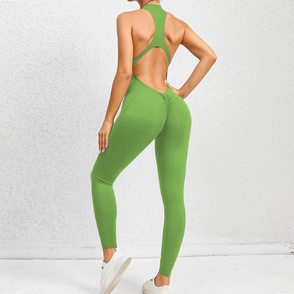 FlexiFemme Zip-Up Backless Yoga Bodysuit Women One-Piece