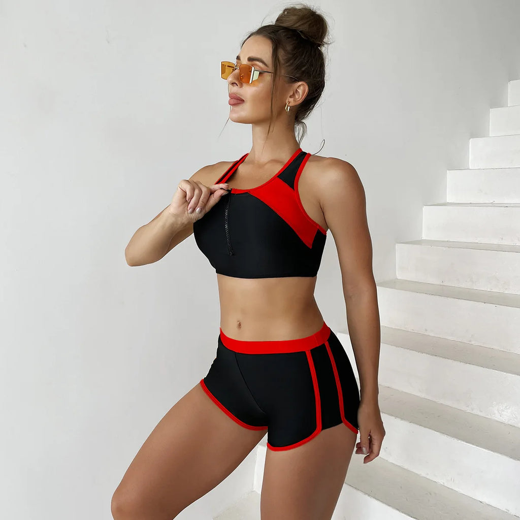FlexiFemme Patchwork Zipper Sports Bikini Set Women