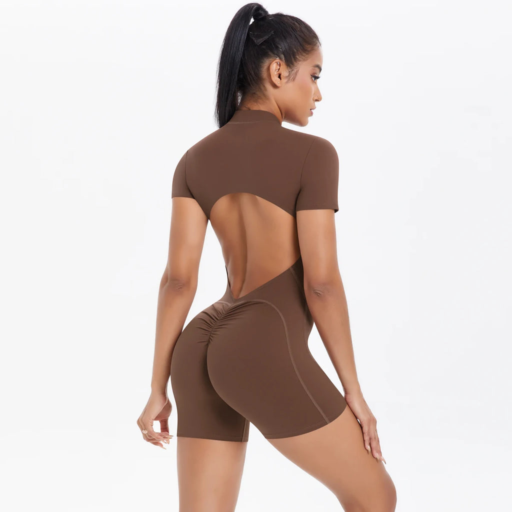 FlexiFemme Short Zipper Scrunch Gym Jumpsuit Women