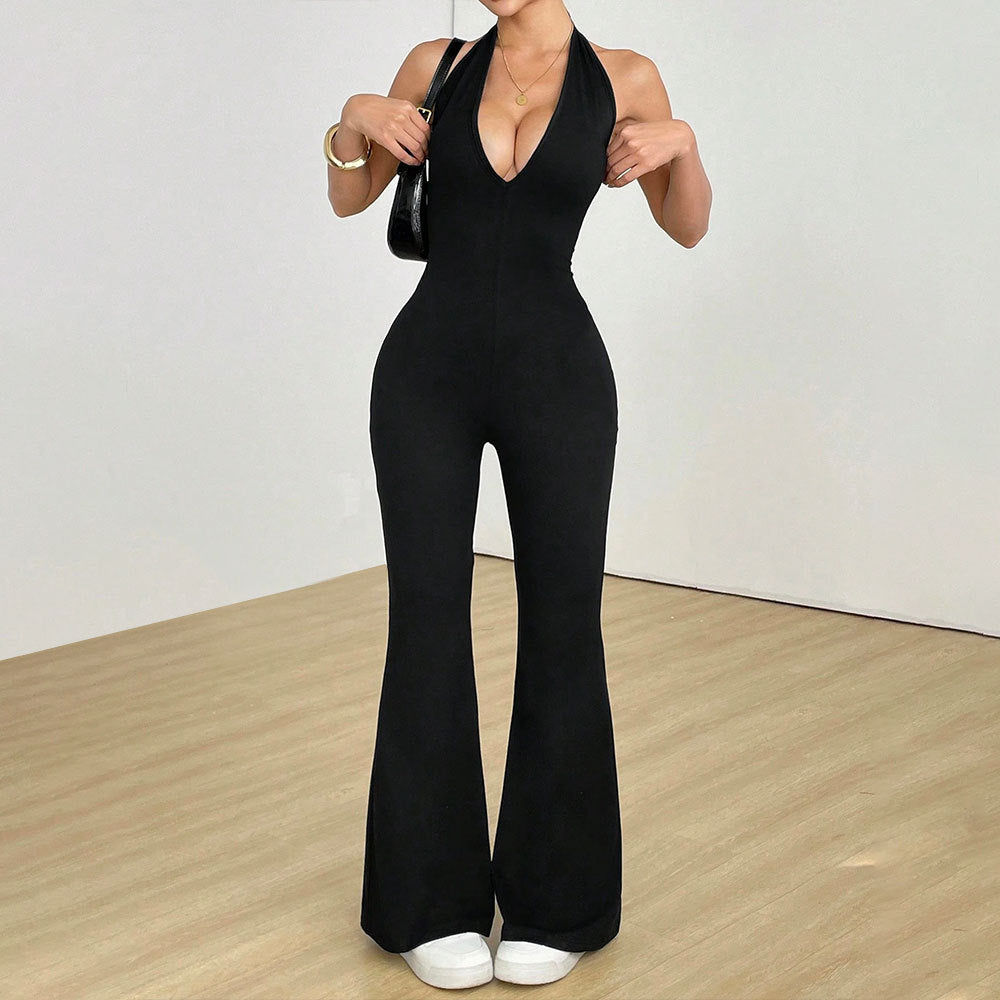 FlexiFemme V-Neck Hollow Back Slim Gym Jumpsuit Women