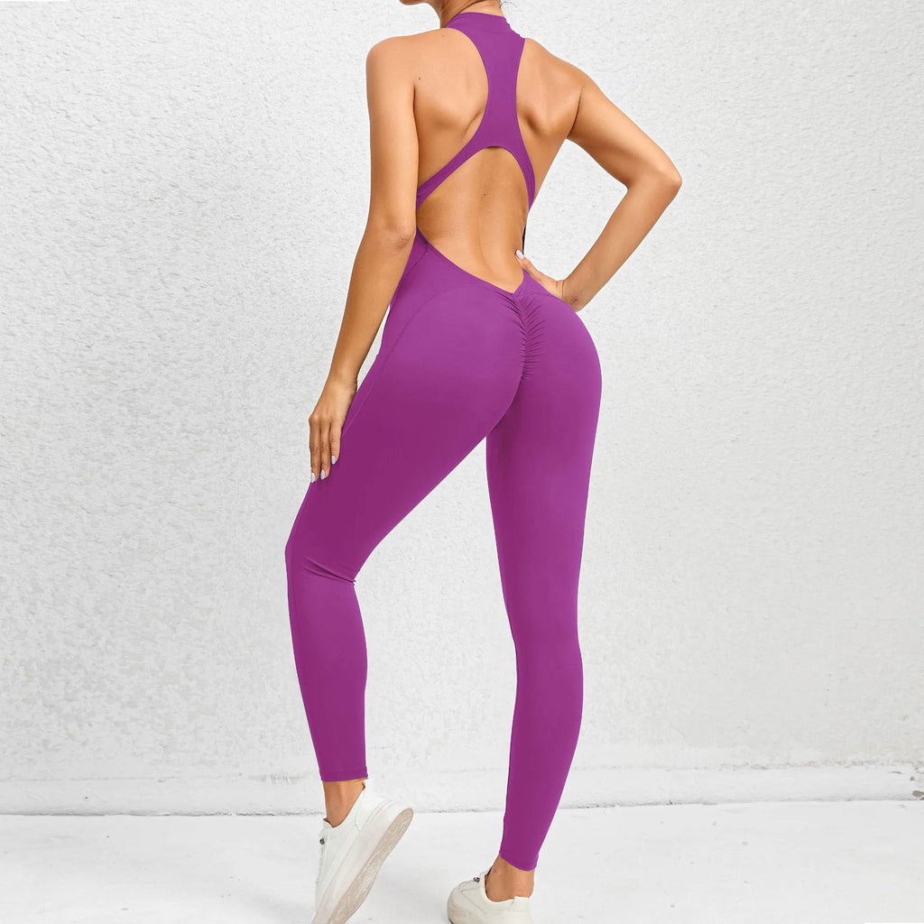 FlexiFemme Zip-Up Backless Yoga Bodysuit Women One-Piece