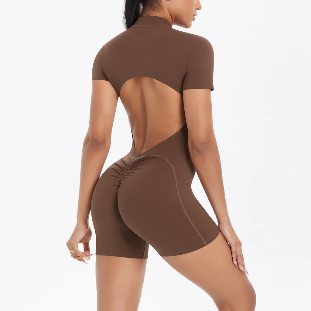 FlexiFemme Short Zipper Scrunch Gym Jumpsuit Women