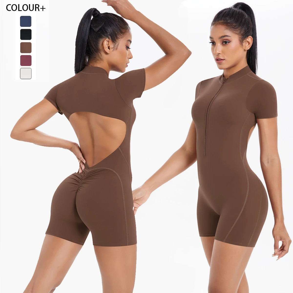 FlexiFemme Short Zipper Scrunch Gym Jumpsuit Women