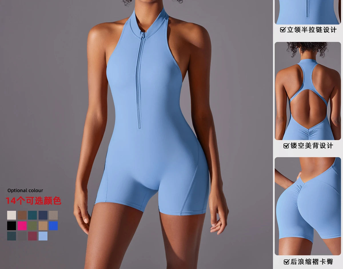 FlexiFemme Short Zipper Yoga Jumpsuit Set Women Summer