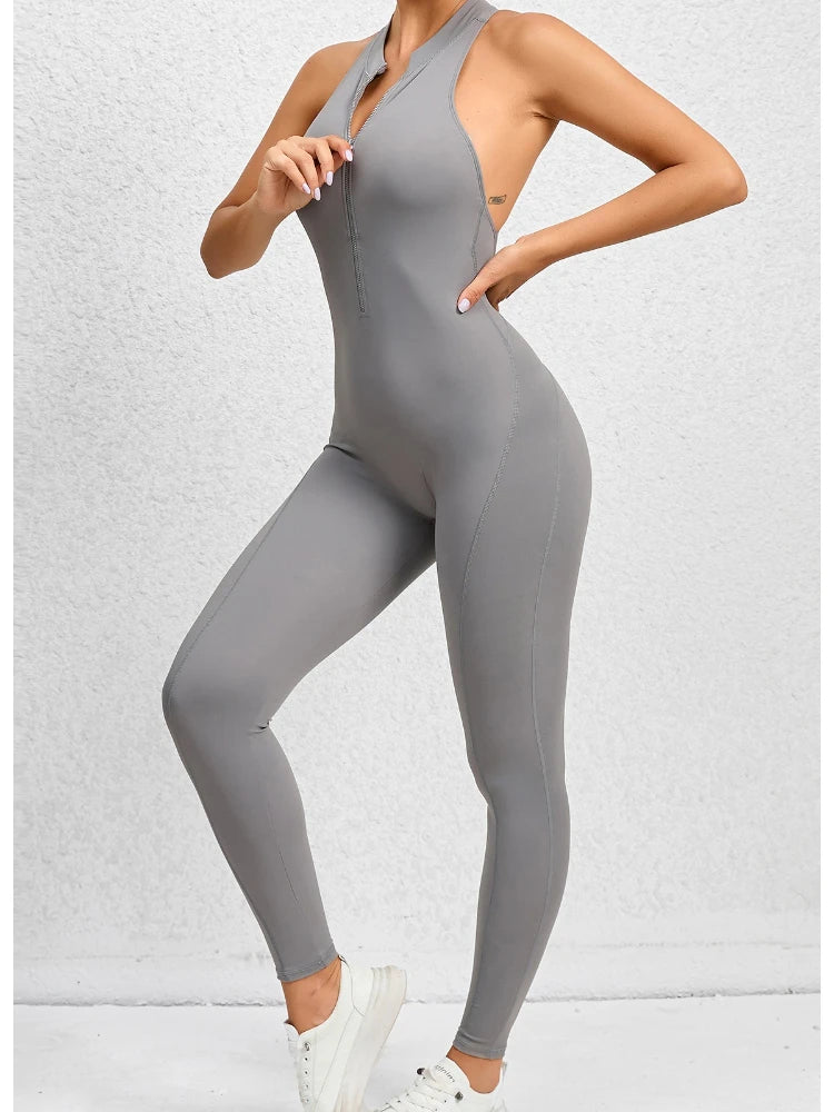 FlexiFemme Zip-Up Backless Yoga Bodysuit Women One-Piece